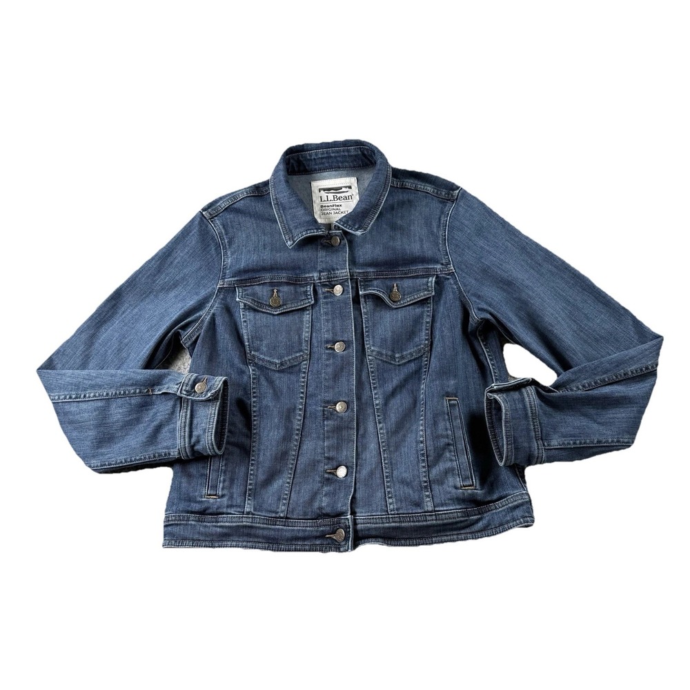 LL Bean BeanFlex Jean Jacket‎ Womens S Stretch Denim Trucker Classic Nature Blue